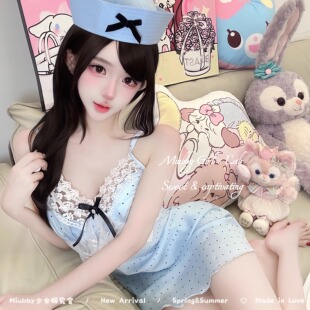 Miubby「蓝岛冰茶」miu系甜美纯欲睡衣深V蕾丝边波点法式冰丝睡裙