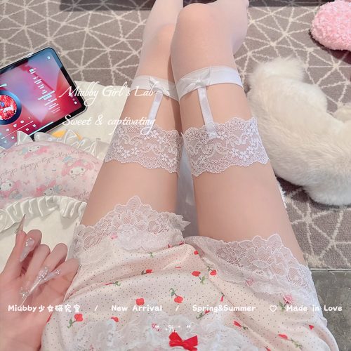 Miubby「甜心丝带」纯欲性感蝴蝶结蕾丝腿环吊带白袜过膝长筒丝袜