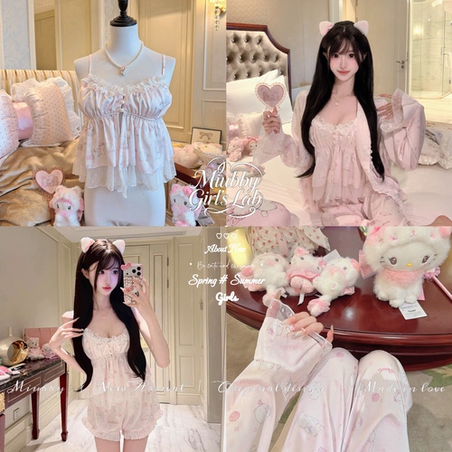 Miubby「粉喵团子」春夏纯欲软萌蕾丝边吊带冰丝睡衣四件套26新款
