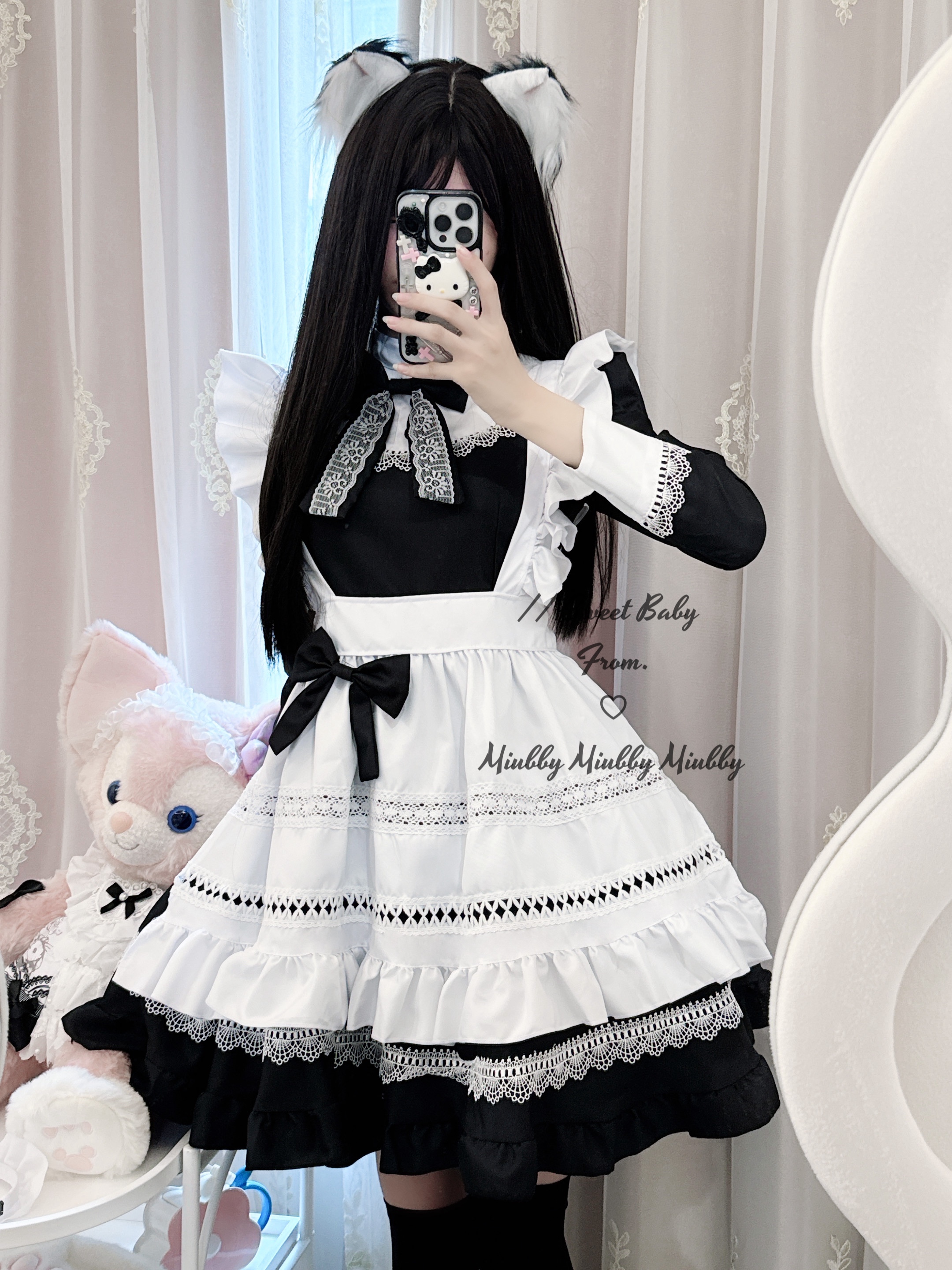 Miubby「安妮小姐」黑白蝴蝶结蕾丝长袖Lolita贵族女仆装连衣裙