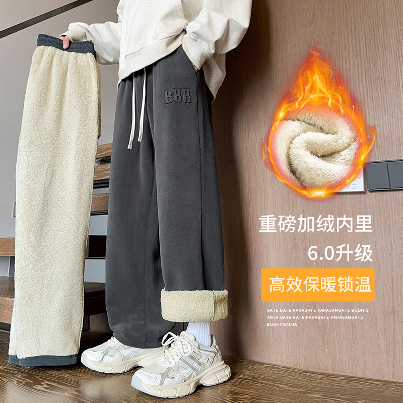 外贸尾单新款秋冬款男士卫裤裤子棉裤休闲男生加绒羊羔绒加厚直筒