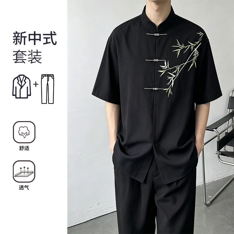 外贸新中式衬衫男中国风套装立领中山装金竹刺绣成人礼服婚礼伴郎