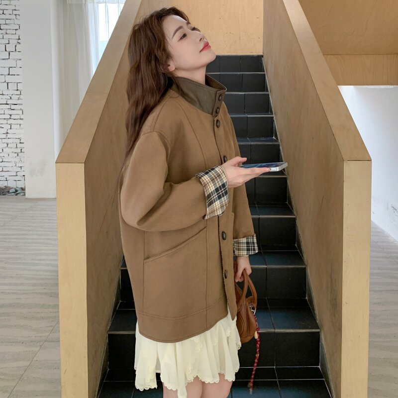 大货麂皮绒拼接格子正反两面穿外套2B218-2509-P205，控298,女装短外套,2B218