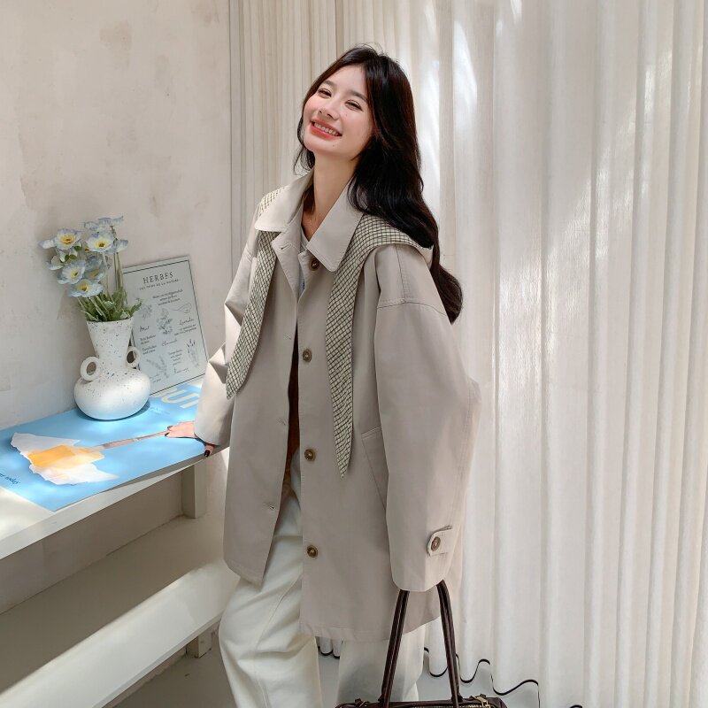 档口有货撞色格子风衣外套，帽子可脱卸2B218-2526-P175，控258,女装短外套,2B218