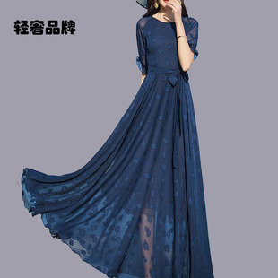 朗姿约定雪纺碎花连衣裙女长款过膝到脚踝2026年夏季新款超长裙子