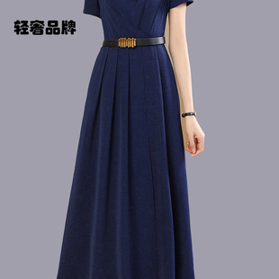 v领长裙 显短袖 朗姿约定藏蓝色小众设计感连衣裙夏季 腰带修身