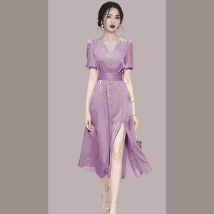 雪纺连衣裙女装夏季2025年新款春秋小个子收腰a字气质短袖中长裙