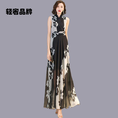 朗姿约定高级感黑色印花连衣裙修身2025夏季新款显瘦超长裙到脚踝