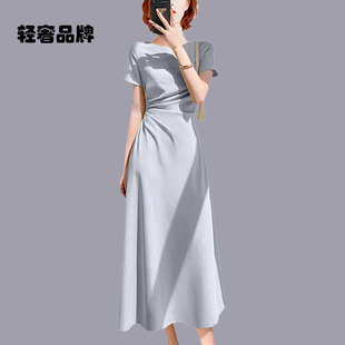 短袖 朗姿约定褶皱洋装 女2026年夏装 新款 气质裙子 轻奢长裙修身