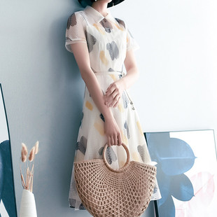 浅色雪纺印花雪纺连衣裙女2025夏新款衬衫领短袖显瘦中长裙妈妈裙