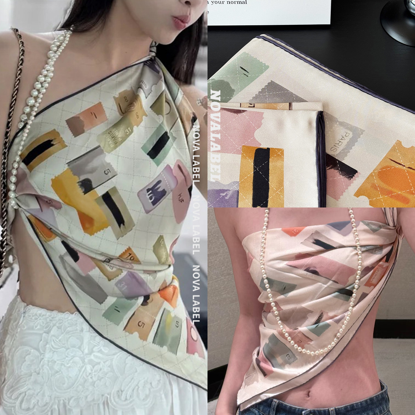 NOVA LABEL 25S春夏系列标签元素印花90*90cm方巾女裹胸头巾丝巾,服饰配件/皮带/帽子/围巾,围巾/丝巾/披肩,淘宝优惠券,粉丝福利购,淘宝优惠卷