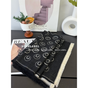 NOVA LABEL 25s圆形印章logo羊毛双面黑灰围巾围脖披肩男女