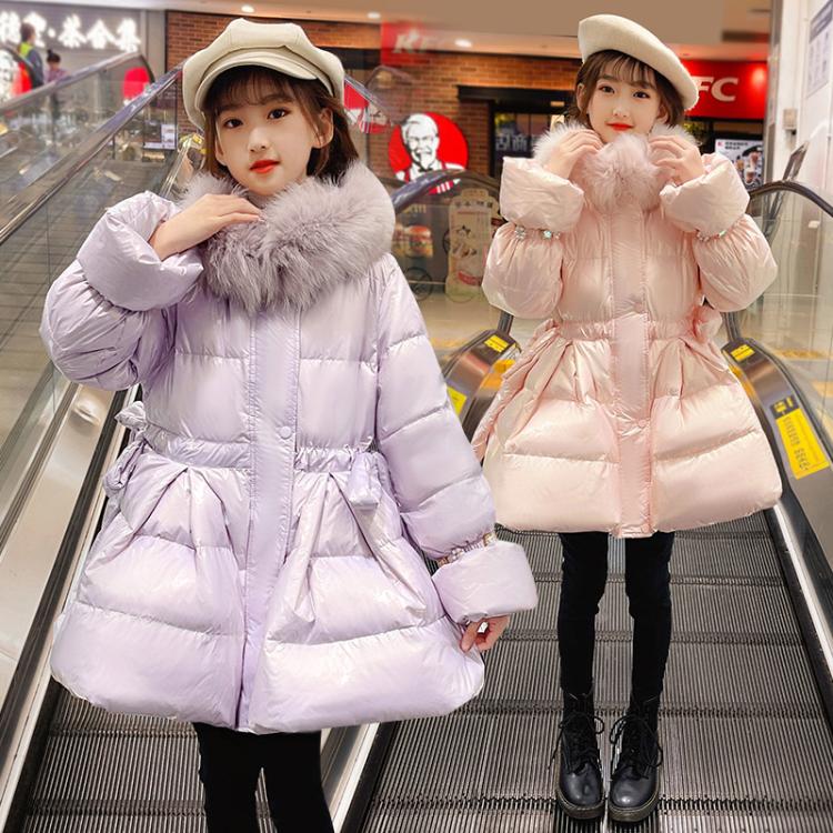 小个子收腰羽绒服女童中长款大毛领加厚白鸭绒外套洋气时尚
