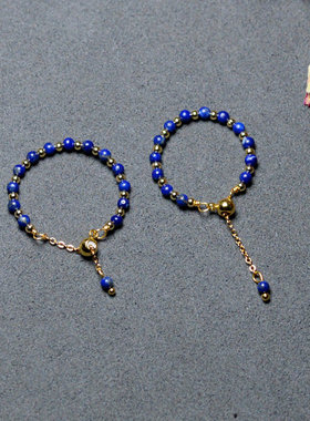 天然青金石戒指手工制作14k包金可调节大小编织指环清新甜美礼物