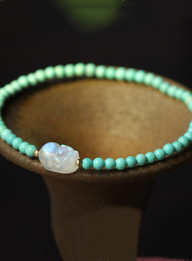 DIY绿松石手链搭配冰透月光石貔貅手串自然清新女款手链时尚夏季