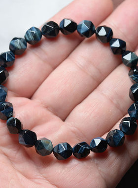 天然蓝虎眼石手链男女款南非鹰眼石刻面菱形虎睛石情侣手串木变石