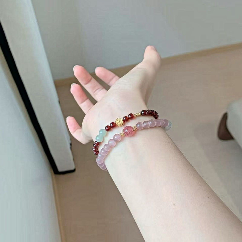 新中式天然石榴石紫猫眼石叠戴手链女精致国风和田玉草莓水晶手串