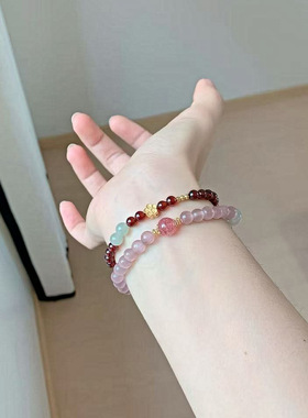 新中式天然石榴石紫猫眼石叠戴手链女精致国风和田玉草莓水晶手串