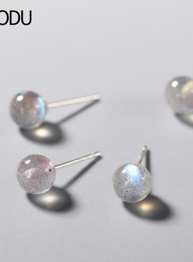 s925银耳钉女韩版简约月光石耳钉气质渐变拉长石水晶耳饰