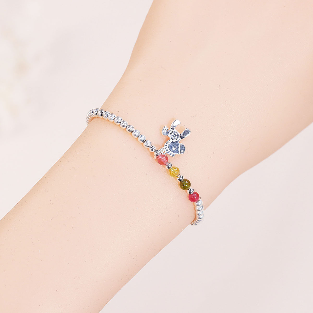 s925银手链女个性时尚纯银马上有钱百搭碧玺手串送闺蜜礼物手饰