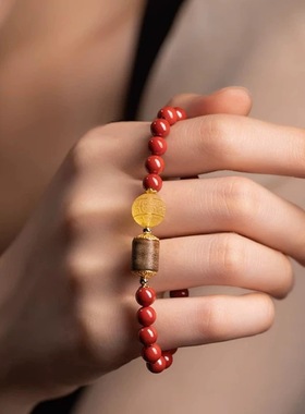 天然原矿朱砂手串蜜蜡回纹珠沉香木配饰手链女士本命年中国风