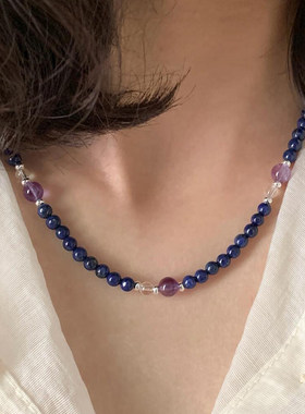 原创「花青」新中式青金石紫水晶项链女轻奢小众纯银锁骨链