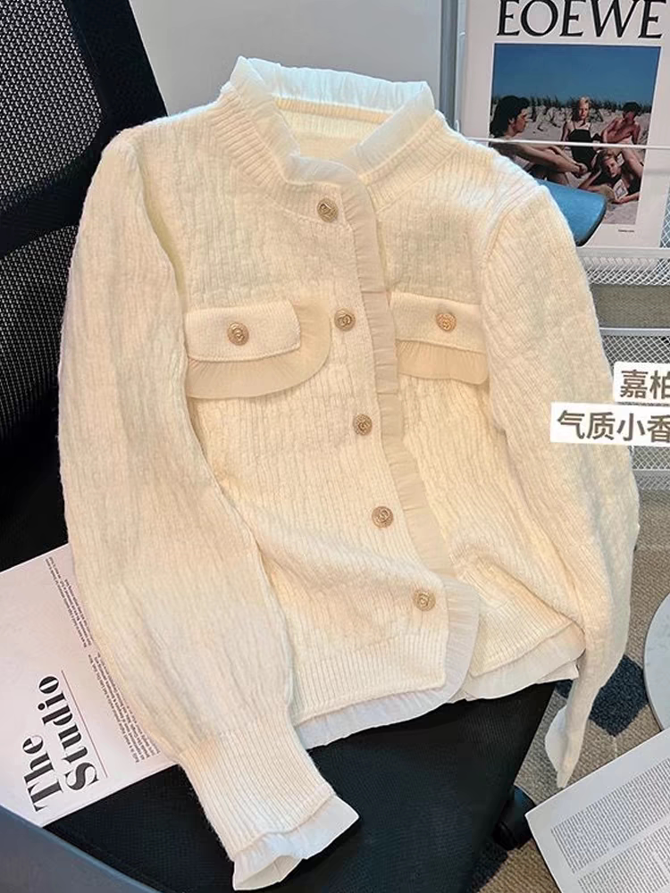 小香风拼接花边针织开衫小宅妮春秋气质温柔甜美毛衣外套二号街角