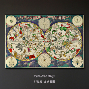17世纪古典星图 十二星座神话 巨幅 复古Vintage家居装饰画挂画