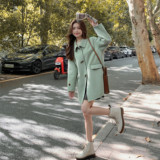 韩系chic牛角扣绿色双面羊绒大衣女秋冬超火好看大方得体毛呢外套，女装毛呢外套，浙宝252