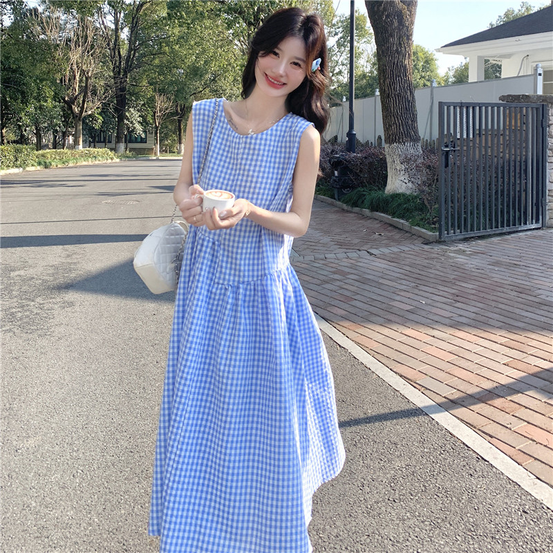 蓝色格子无袖连衣裙女2025夏季新款超好看小清新甜美减龄背心长裙，女装连衣裙，浙宝252
