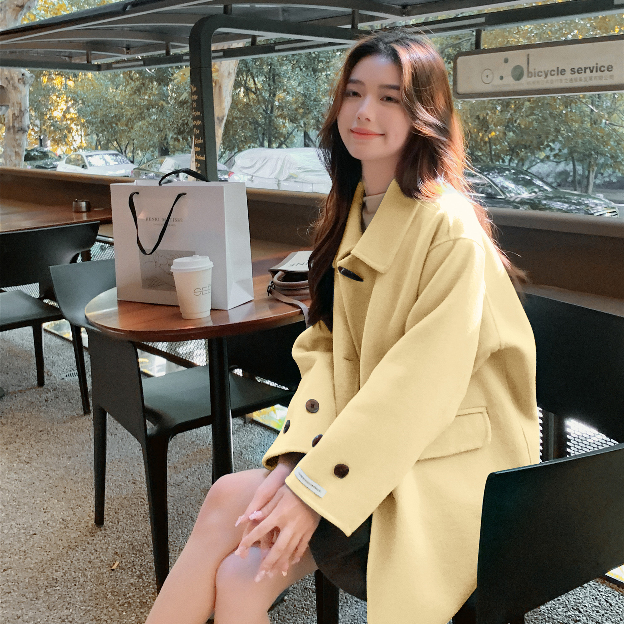 高级小众韩系浅绿色双面羊绒外套女秋冬超火好看中长款毛呢厚大衣,女装毛呢外套,浙宝252