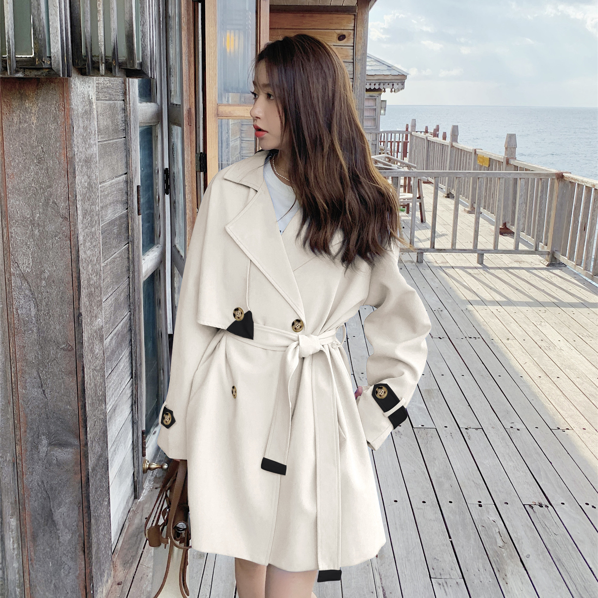 【现货】新款拼皮双排扣风衣款浙宝B252-2207-P140,女装风衣,浙宝252