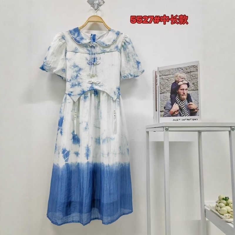 原创手工扎染带袖连衣裙女中大童棉文艺长裙旅游表演服装童装衣服