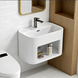 小户型挂墙式洗手盆卫生间一体壁挂洗脸盆阳台加深陶瓷悬空洗手池