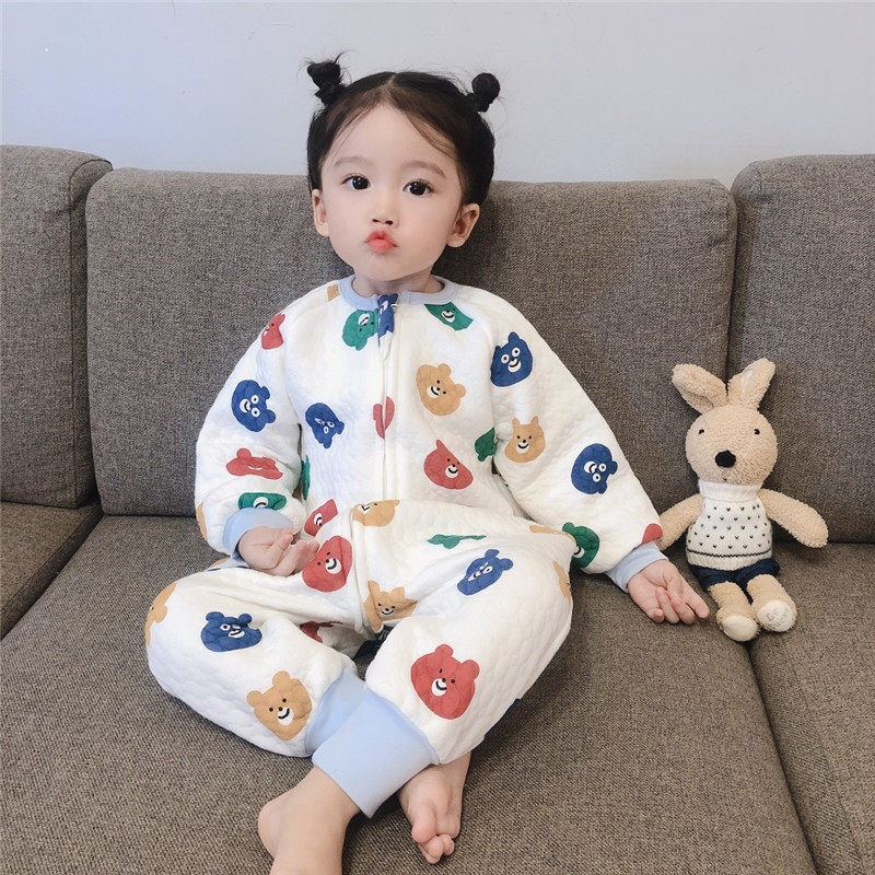 儿童纯棉夹棉连体睡衣家居秋冬宝宝4睡袋分腿暖气房防踢被1-3-5岁