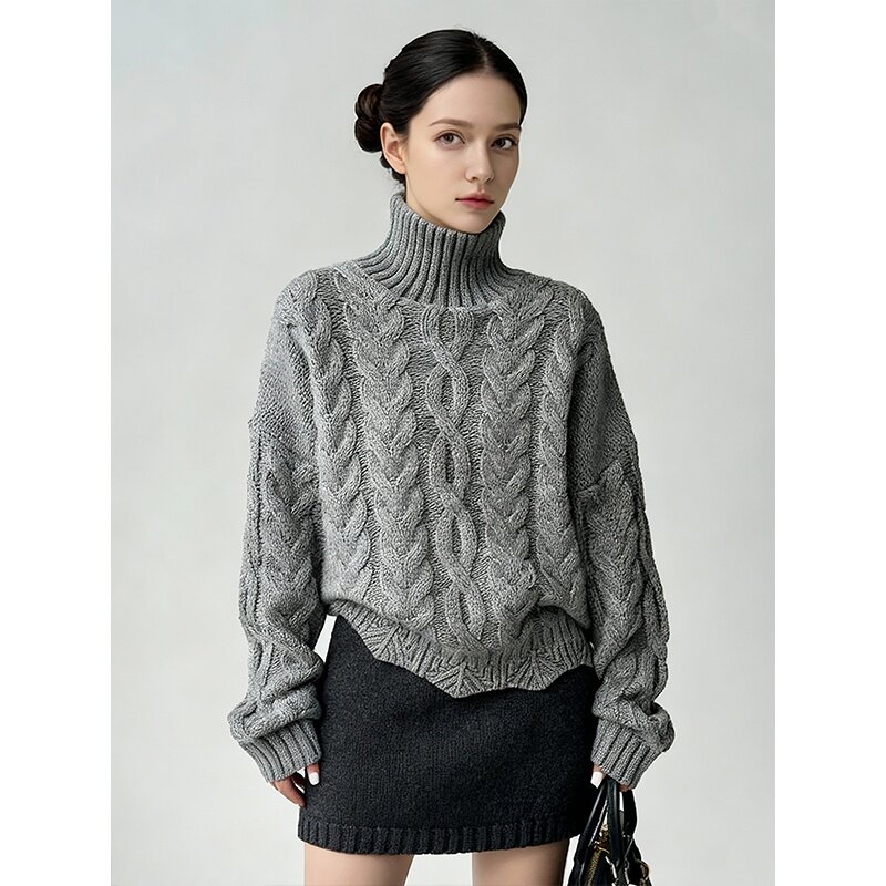 法式复古高领麻花短款套头加厚毛衣女冬季高级慵懒宽松灰色针织衫