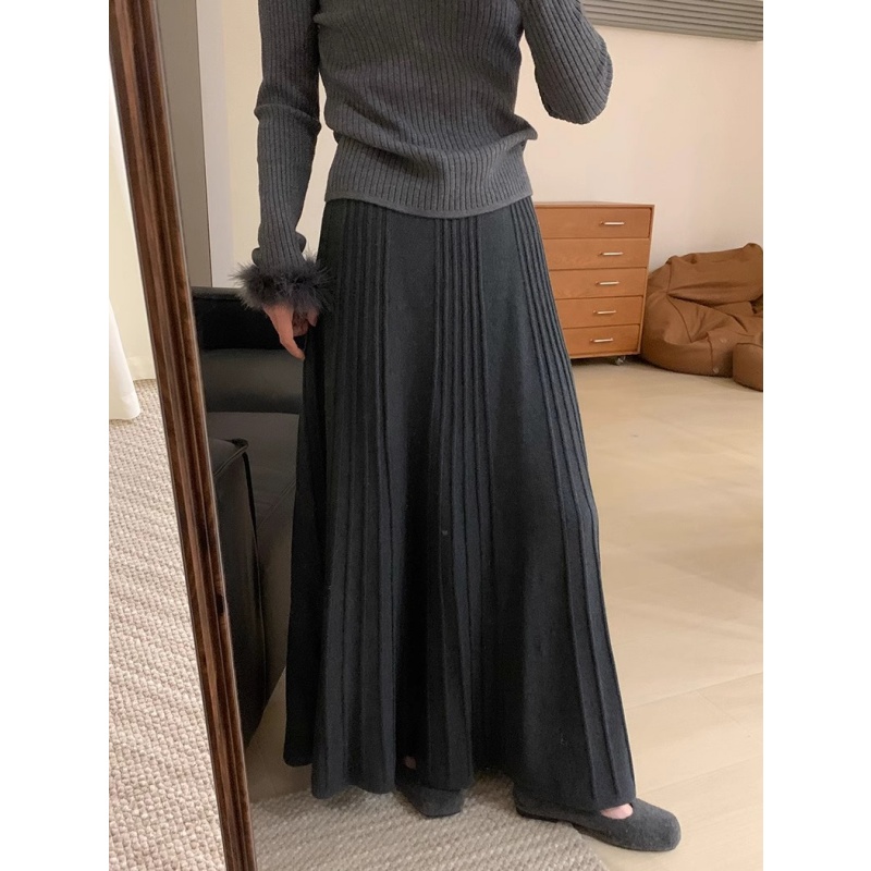 深灰色高腰垂感加厚针织半身裙