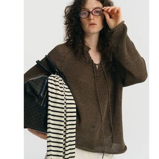 女夏秋精致宽松显瘦套头衫 针织防晒罩衫 外搭上衣 卷边绑带长袖 美式