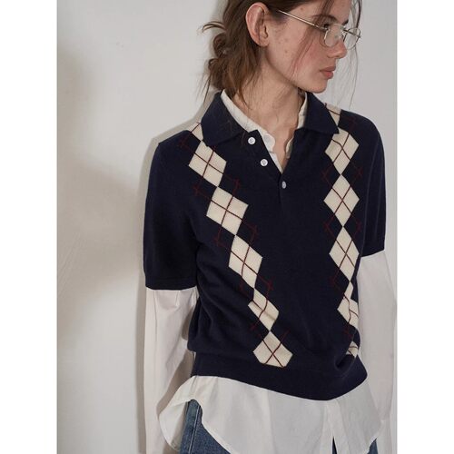 复古菱格Polo领短袖针织衫女春夏季法式老钱风高级感宽松百搭上衣