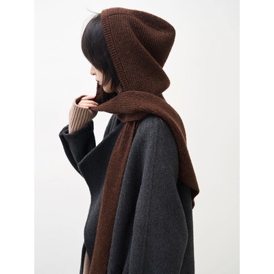 法式复古黑灰色保暖连帽围脖女秋冬氛围感百搭一体式护耳围巾帽子