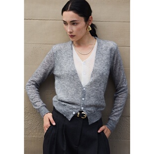 撞色假两件灰色V领针织开衫女早秋季法式新款修身毛衣打底衫上衣