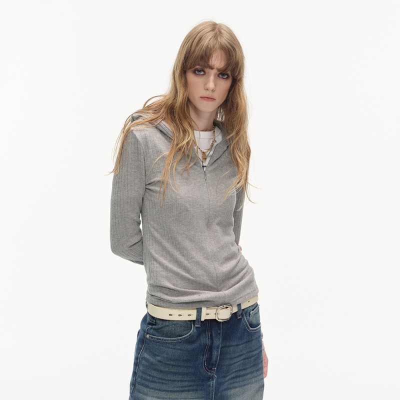 美式灰色连帽亨利领长袖针织衫