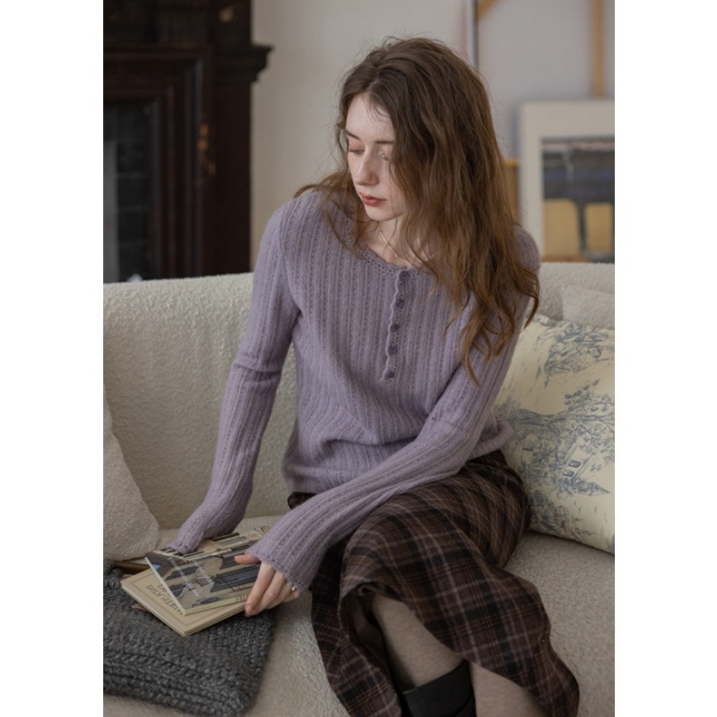 法式温柔紫色镂空针织衫上衣女