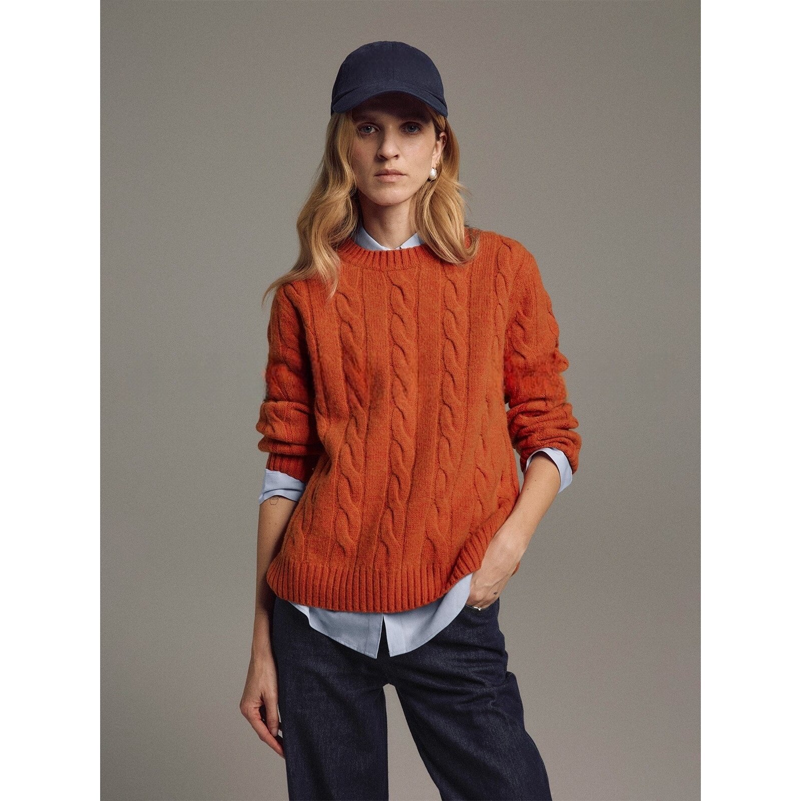 日系复古橘色麻花圆领套头麻花毛衣女秋冬加厚保暖打底针织衫上衣