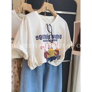 体恤2026年新款 t恤夏季 女洋气 卡通兔子印花白色圆领宽松短袖 韩版
