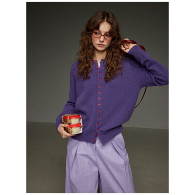 紫色高级感单排扣圆领针织开衫女春法式复古软糯时髦毛衣外套上衣