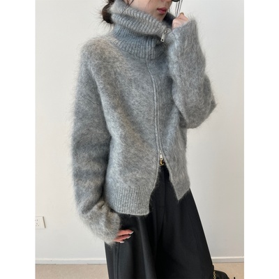 深灰色高领双拉链水貂绒毛衣开衫