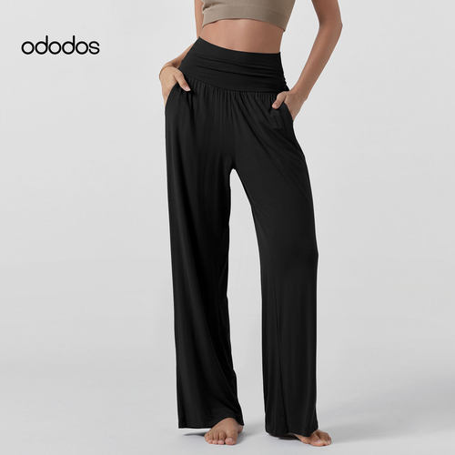 ododos 高腰褶皱阔腿裤女黑色直筒长裤2026新款宽松显瘦休闲裤