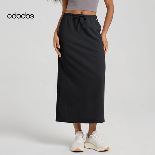 ododos 后开叉高腰系带半身裙女夏季直筒中长款 显瘦休闲百搭长裙