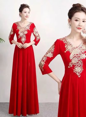 新款大合唱礼服合唱演出服装女长裙成人金丝绒中老年合唱团指挥服